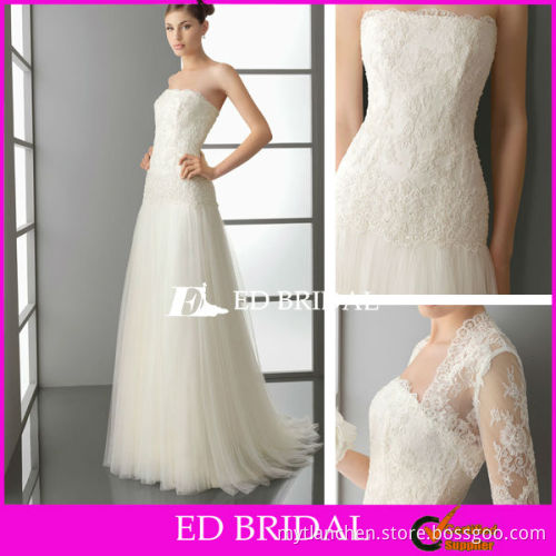 A Line Scallop Strapless Stright Across Sweep Train Lace Long Sleeves Cape Sequin Beading Wedding Dress With Tulle Skirt
